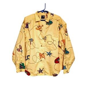 Vintage Liz Kids Shirt Yellow w/ Western Print Roll Tab Sleeves Size 10